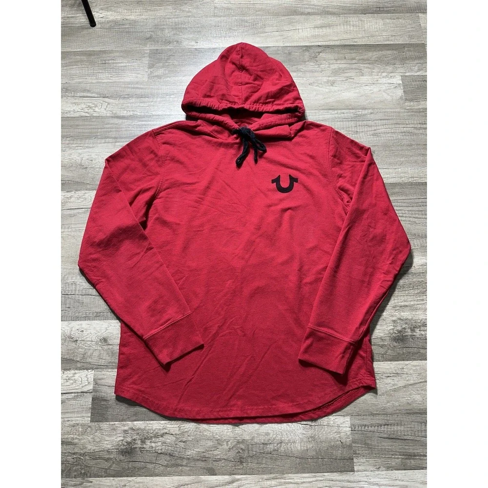True Religion‎ Mens Size L Long Sleeve Hooded Pullover Shirt Red Lightweight